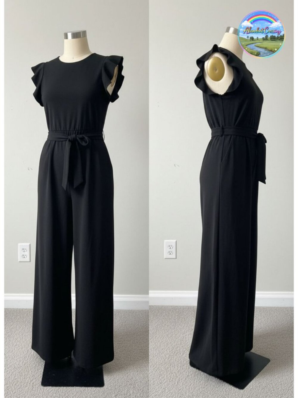 Womens Dressy Jumpsuit Wide Leg Ruffle Cap Sleeve Belted One Piece
